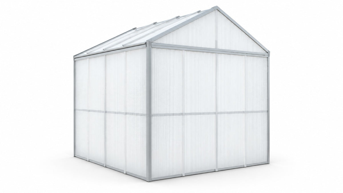 Rendering of a white DOMER Arctic shed, rear view on a white background #Profile colour_Grey