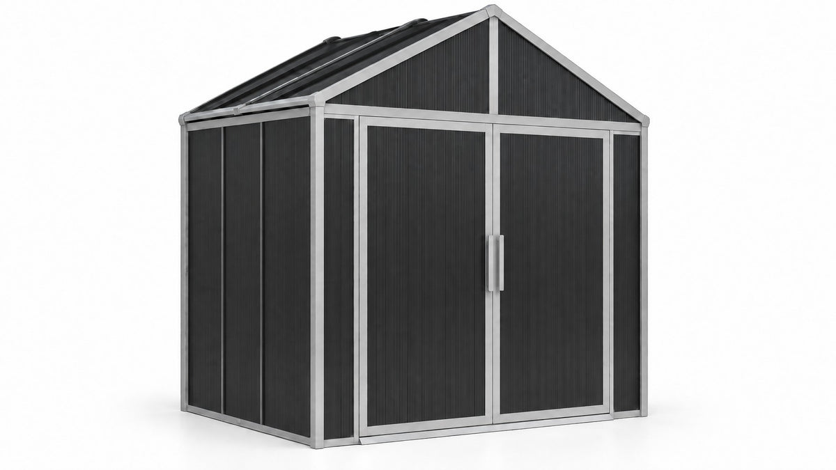 DOMER Slate Shed with grey profiles, front view on a white background #Profile colour_Grey
