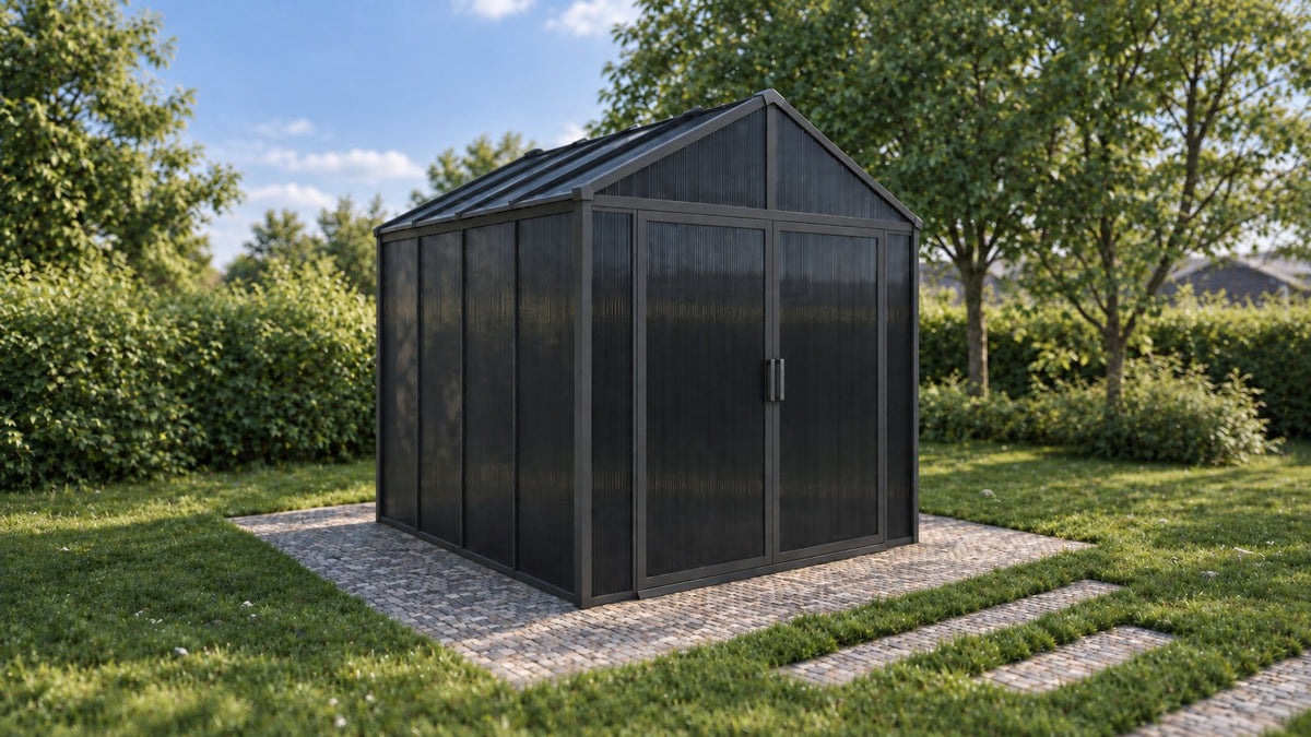 DOMER Slate Shed with black profiles in a garden in daylight #Profile colour_Black