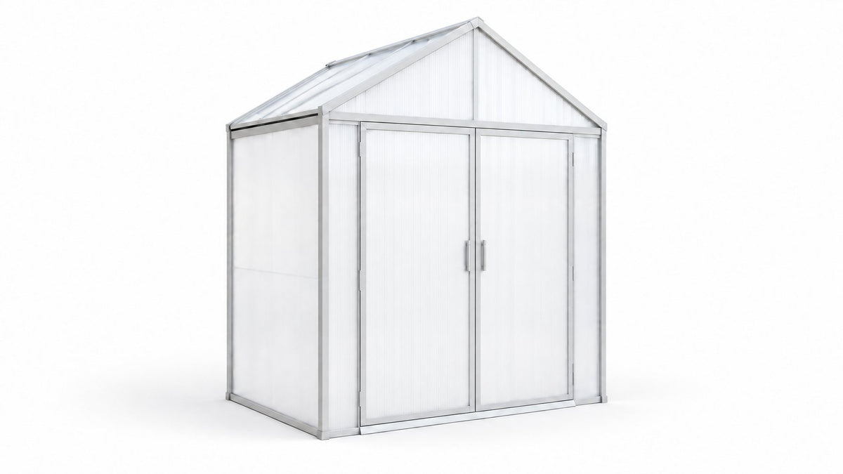 DOMER Smart Arctic Shed with grey profiles front view on a white studio background #Profile colour_Grey
