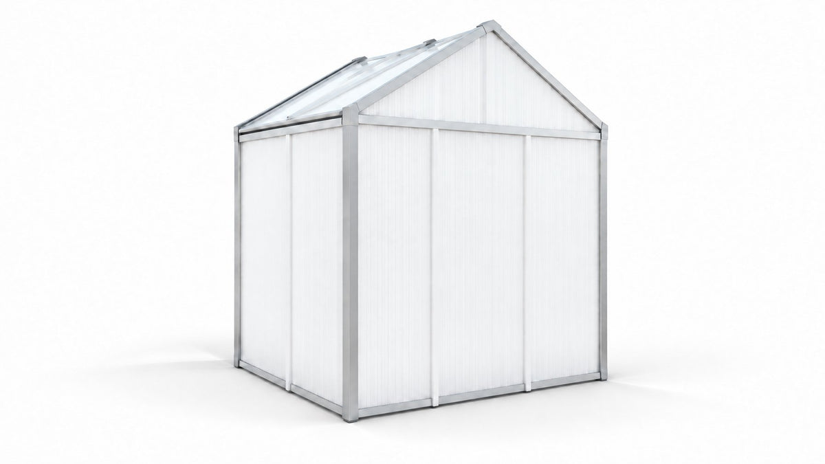 DOMER Smart Arctic Shed with grey profiles rear view on a white studio background #Profile colour_Grey