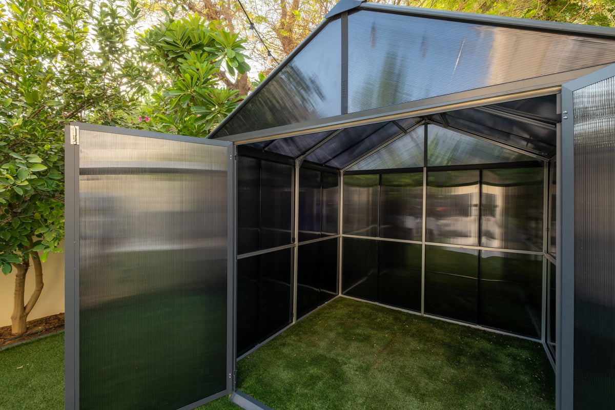 Domer Standard Slate shed with Black profile, open double doors and the interior visible. #Profile colour_Black