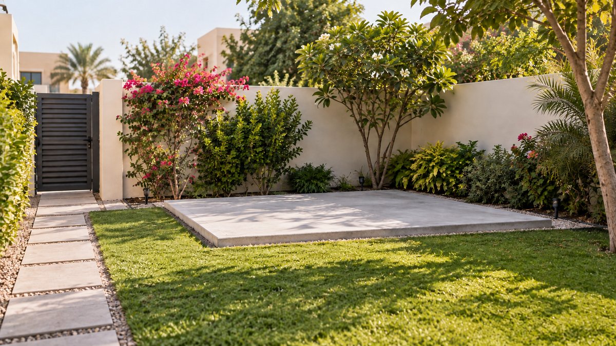 Rectangular concrete shed base in a landscaped garden beside a paved access path.