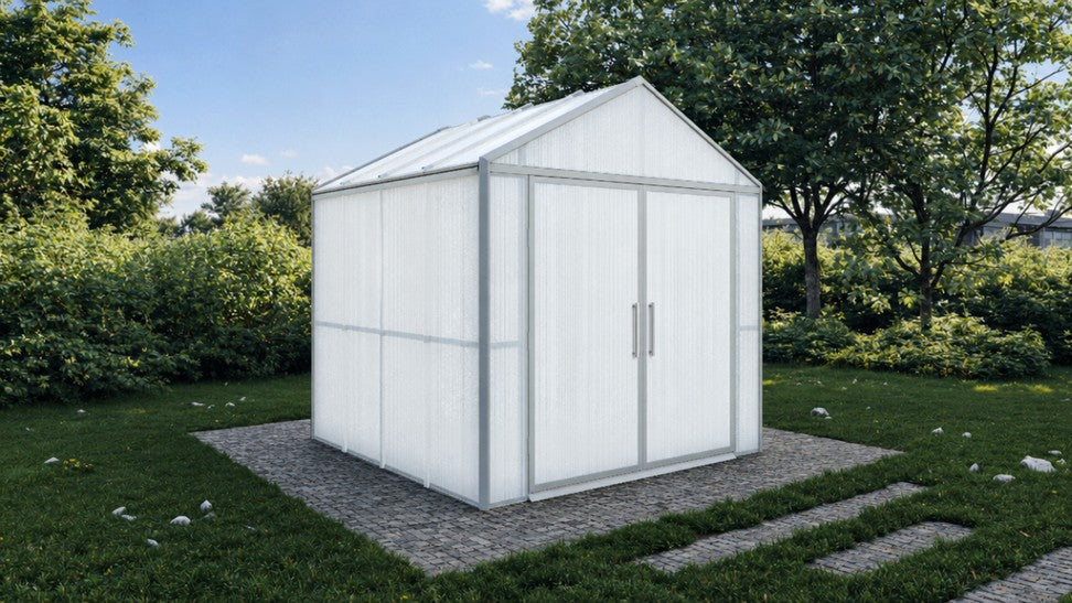 Rendering of a white DOMER Arctic shed, front view in a garden #Profile colour_Grey