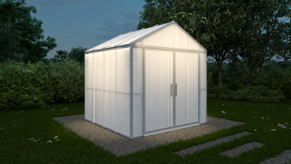 Rendering of an illuminated white DOMER Arctic shed in a garden at night #Profile colour_Grey