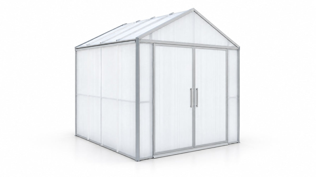 Rendering of a white DOMER Arctic shed, front view on a white background #Profile colour_Grey