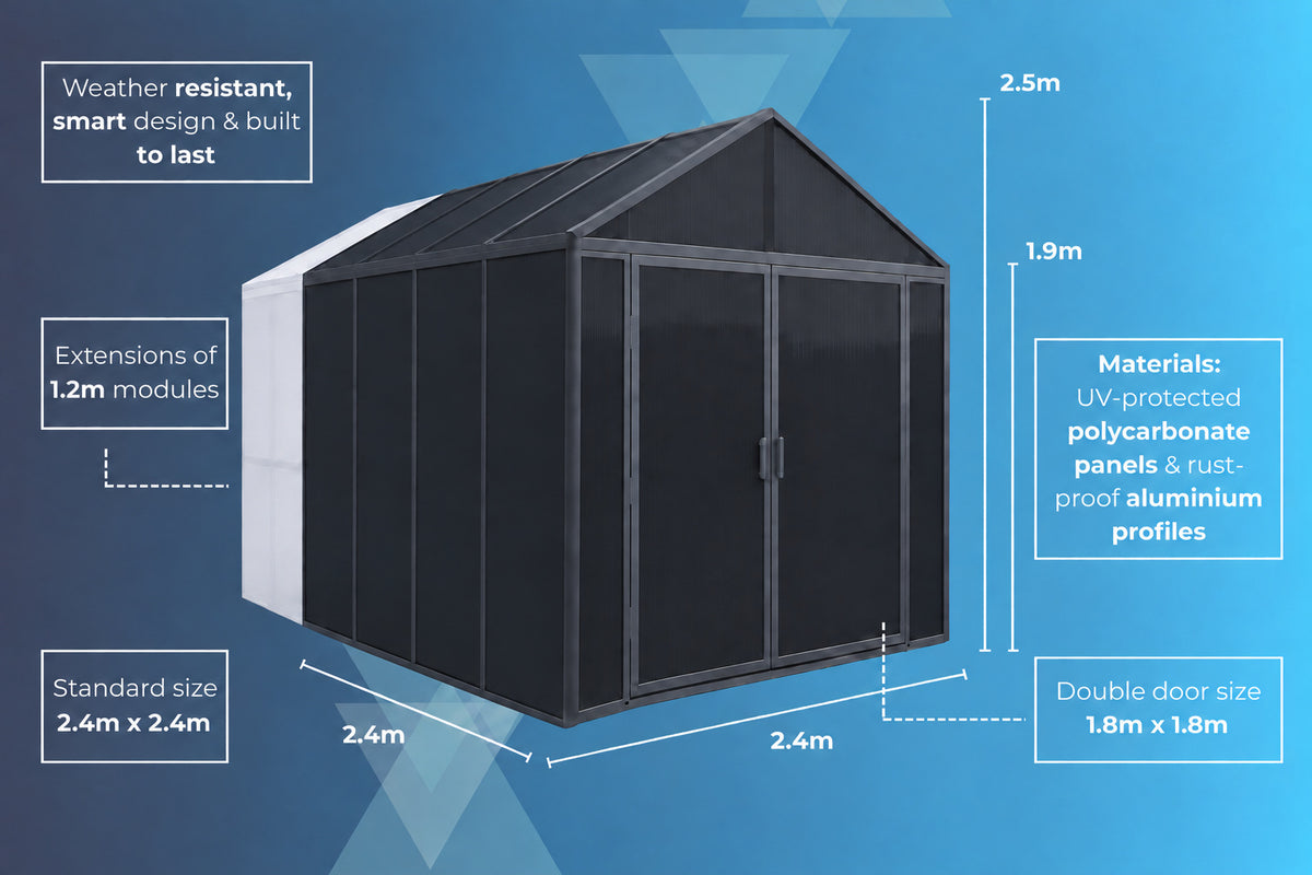 DOMER standard shed infographic showing the 2.4 m × 2.4 m base, 2.5 m overall height, 1.9 m side height, 1.8 m × 1.8 m double doors, 1.2 m extension modules, polycarbonate panels and aluminium profiles.