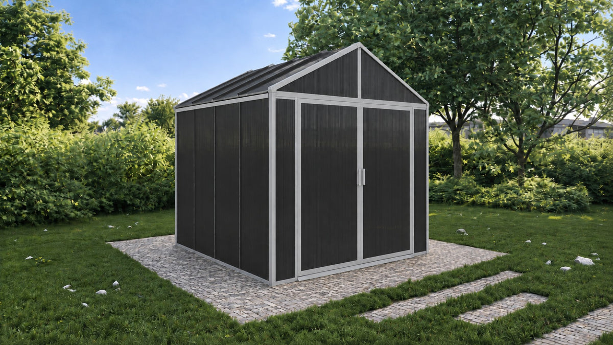 DOMER Slate Shed with grey profiles in a garden by day #Profile colour_Grey