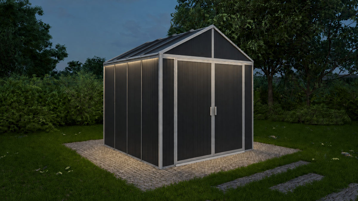 DOMER Slate Shed with grey profiles in a garden at night #Profile colour_Grey
