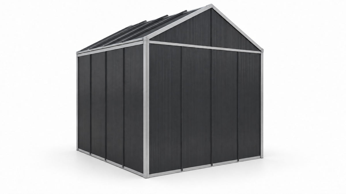 DOMER Slate Shed with grey profiles, rear view on a white background #Profile colour_Grey