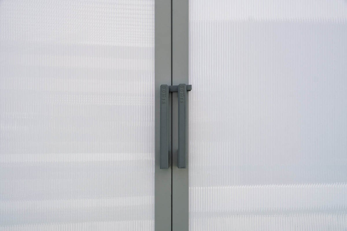 DOMER Smart Arctic Shed grey double door handles and white panels #Profile colour_Grey