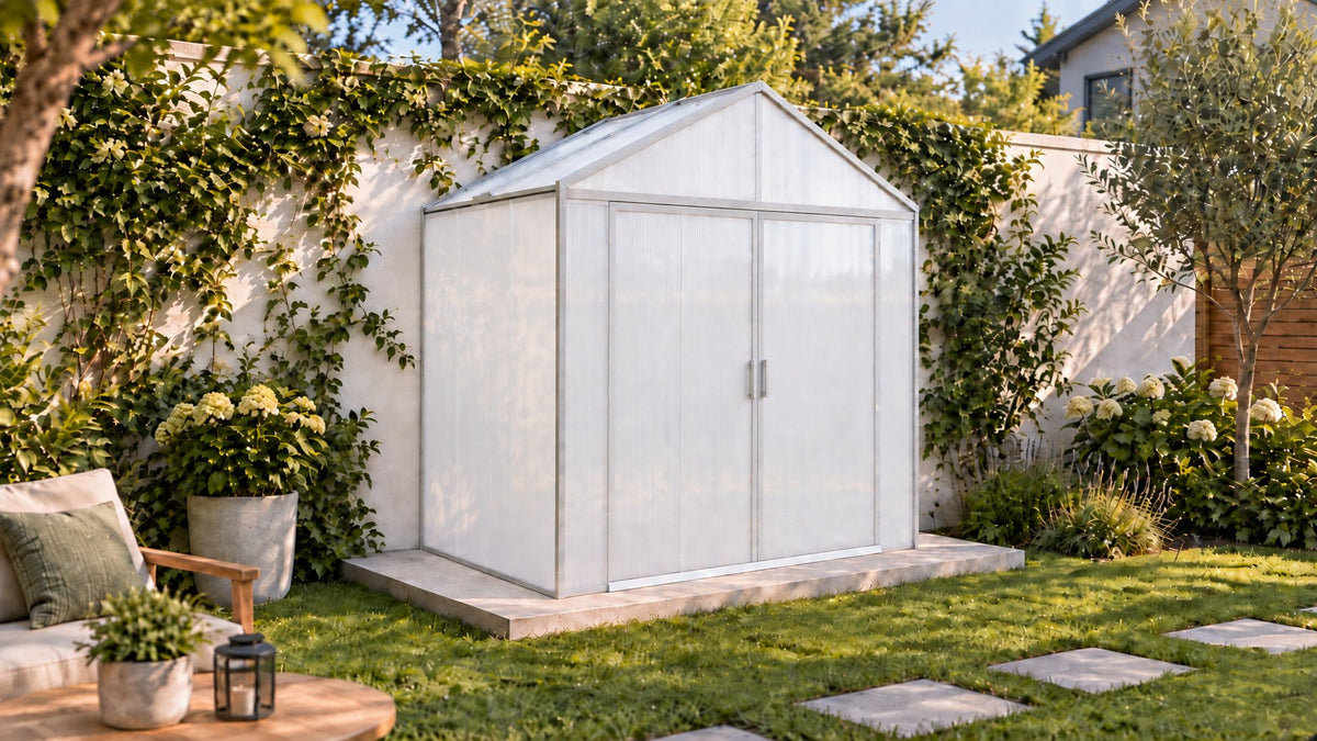 DOMER Smart Arctic Shed with grey profiles in a garden #Profile colour_Grey