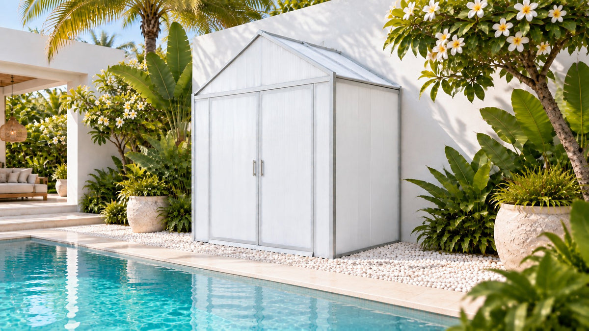 DOMER Smart Arctic Shed with grey profiles beside a swimming pool #Profile colour_Grey