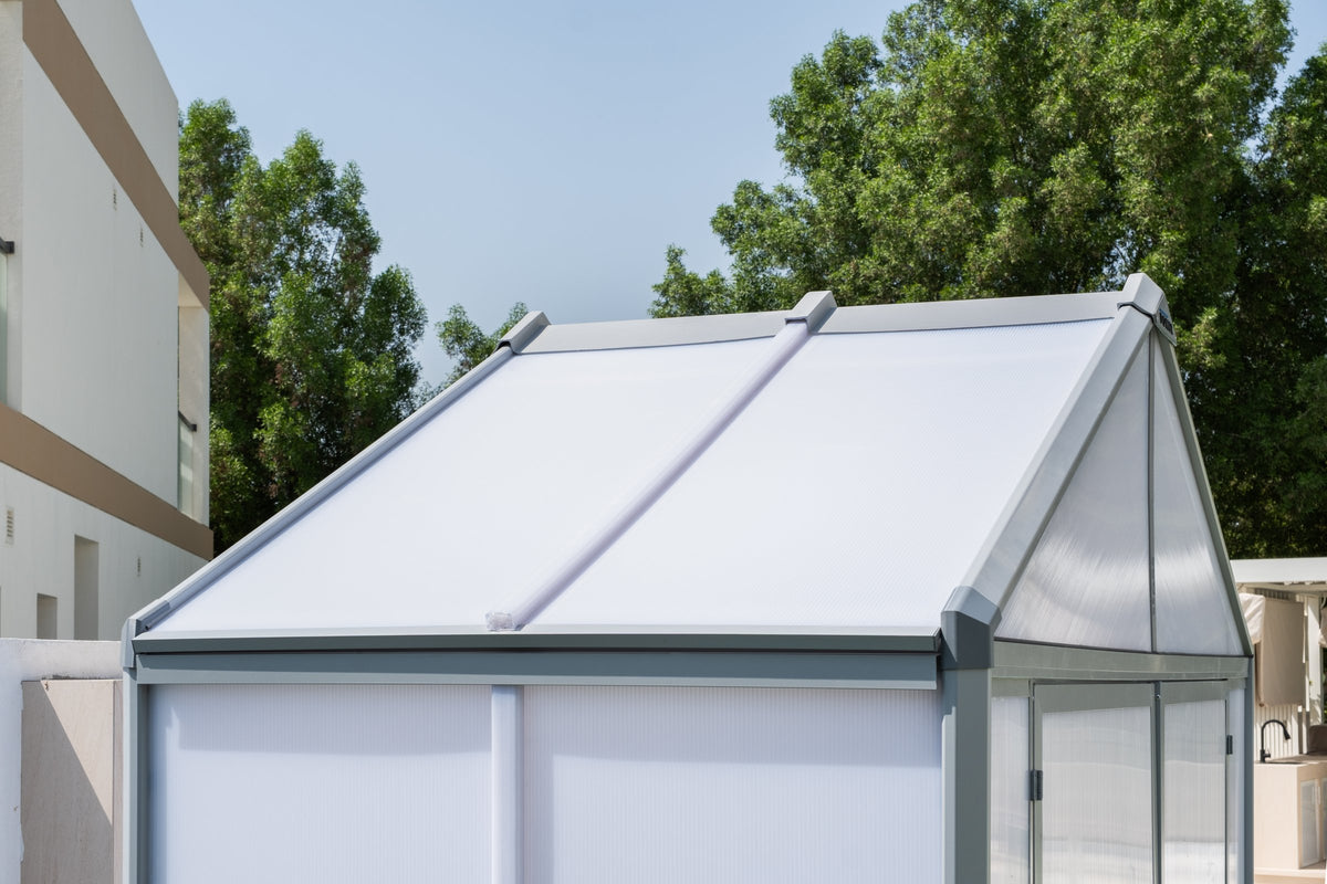 DOMER Smart Arctic Shed white roof panels and grey profiles #Profile colour_Grey