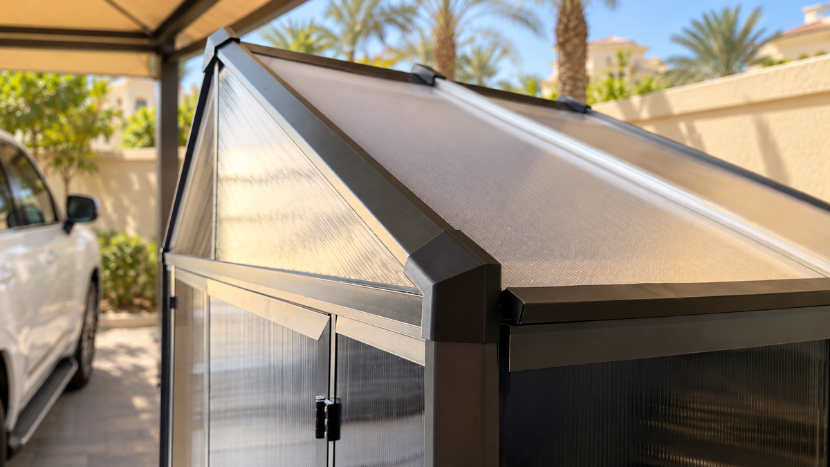 DOMER Smart Midnight Shed translucent polycarbonate roof with black profiles, close up