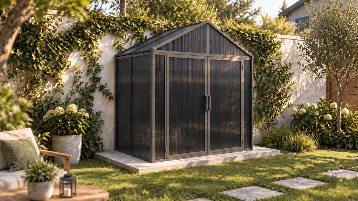 DOMER Smart Slate Shed with black profiles in an ivy garden #Profile colour_Black