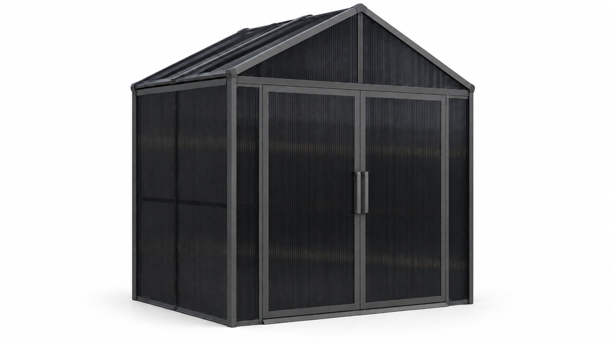 DOMER Smart Slate Shed with black profiles on a white background #Profile colour_Black