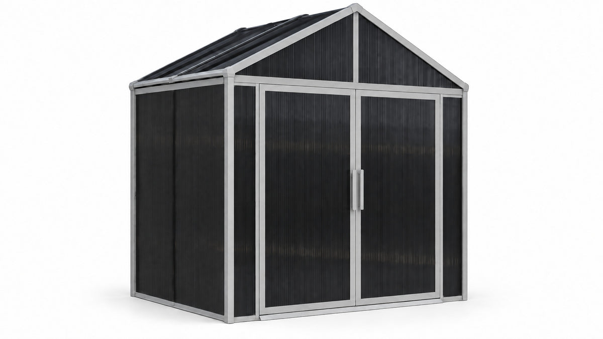 DOMER Smart Slate Shed with grey profiles on a white background #Profile colour_Grey