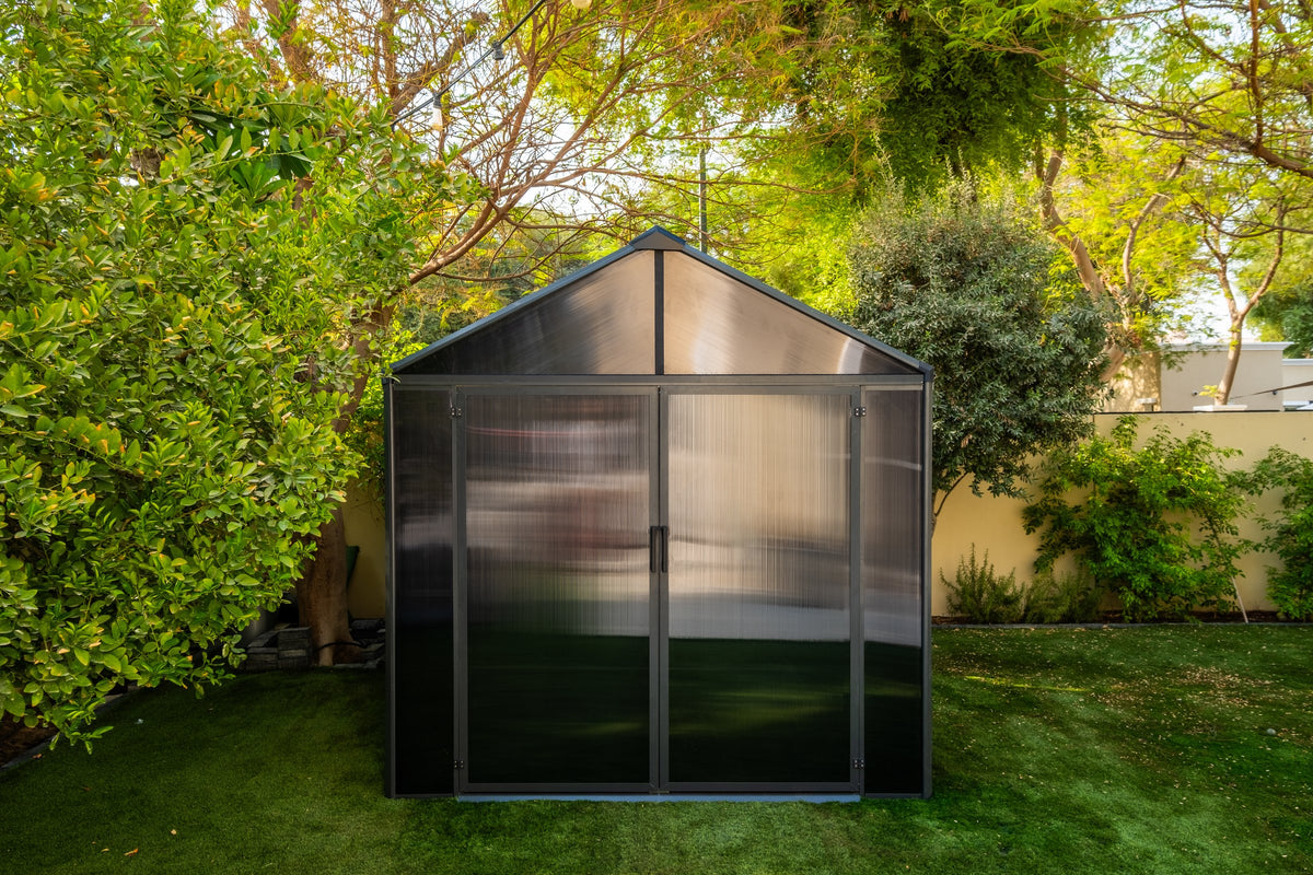 Front view of the Domer Standard Slate grey shed with Black profile and closed double doors. #Profile colour_Black