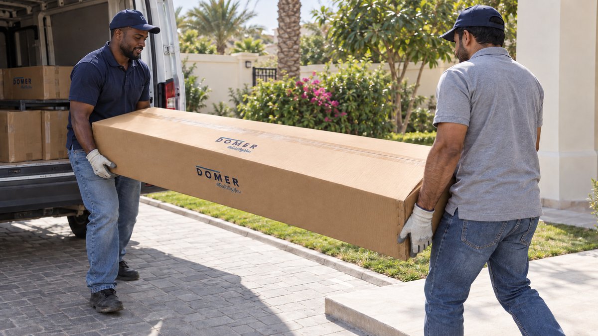 Two people carrying a Domer-branded shed box from a delivery van towards a home.