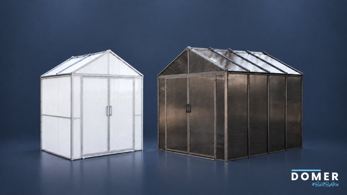 White and dark-grey Domer sheds shown side by side on a blue background.